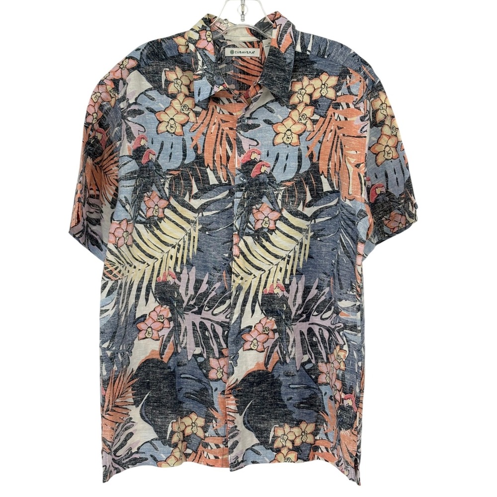 Cubavera Button‎ Down Shirt Blue Orange Tropical Parrot Linen Blend Medium